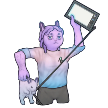A purple-skinned character holding a tablet and a white cat.