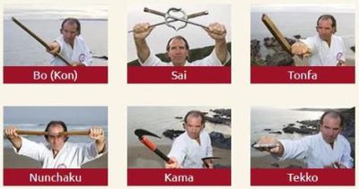Man demonstrating six traditional martial arts weapons.