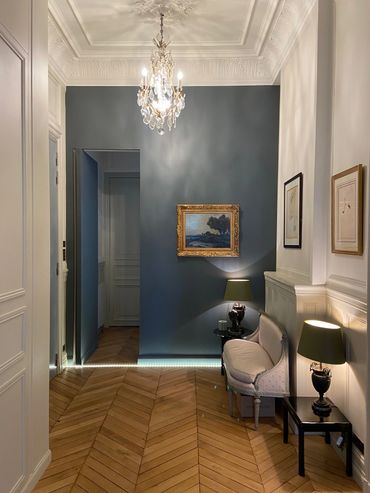 Entrée, Rénovation haut de gamme, haussmannien, parquet massif, style classique 