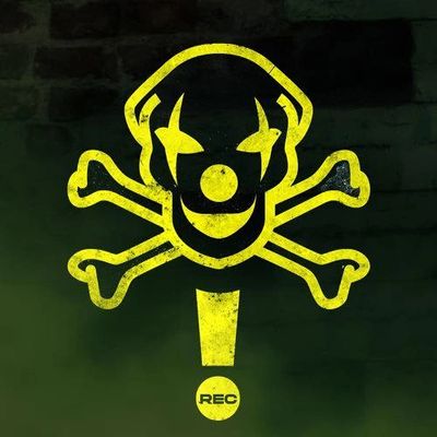 Yellow clown skull and crossbones with a recording symbol on a dark background.
