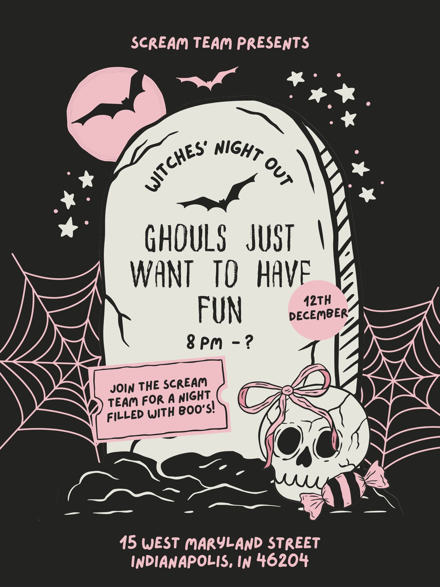 Halloween event poster with bats, skull, and spider webs.