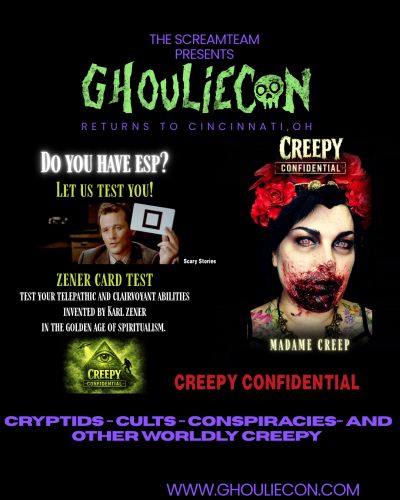 Event poster for GhoulieCon featuring psychic tests and creepy stories.