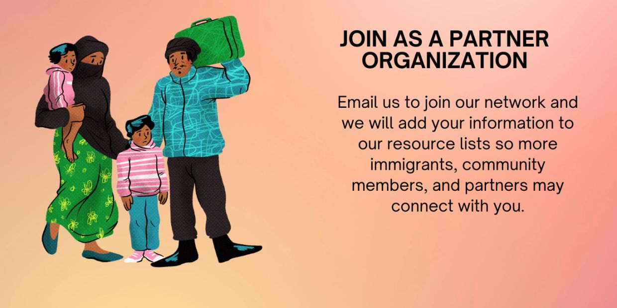 Illustration of a family with a call to join as a partner organization for immigrant support.