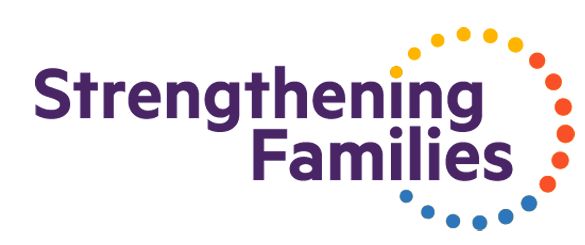 Logo with text 'Strengthening Families' and colorful dots forming a semi-circle.