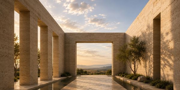 Modern architectural open corridor with a view of mountains.