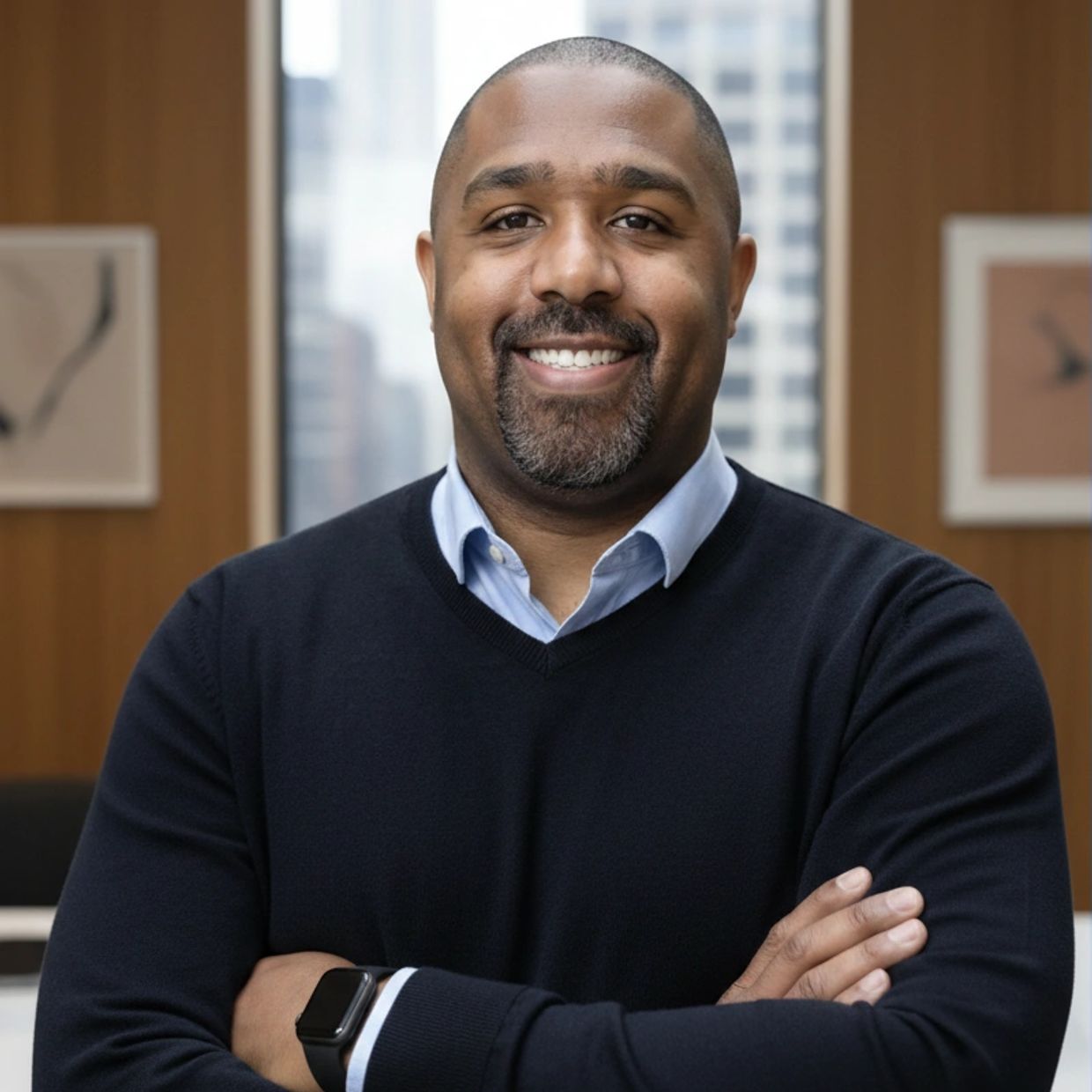 Smiling man in a navy sweater stands confidently with arms crossed indoors.