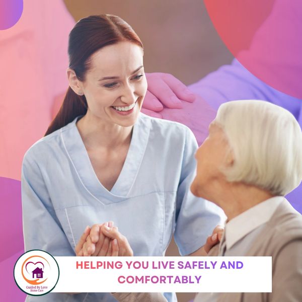 Caregiver warmly supporting an elderly woman, promoting safe and comfortable living.