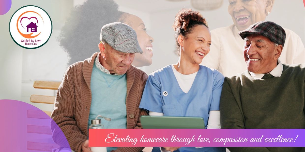 Happy caregiver sharing a joyful moment with two elderly men at homecare.