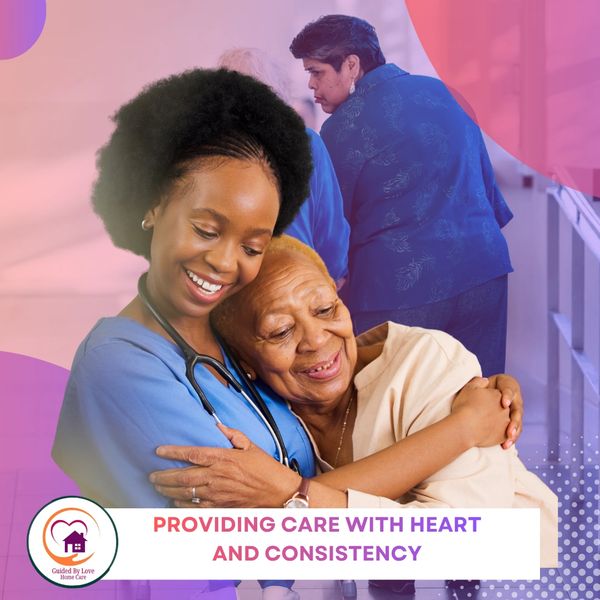 A nurse warmly hugs an elderly patient, symbolizing compassionate care.