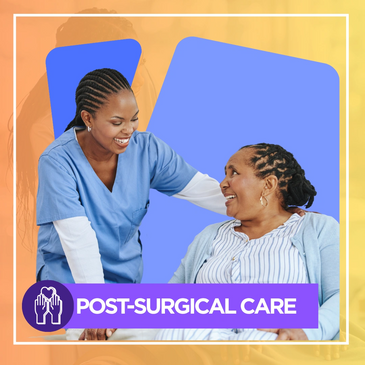 Nurse providing post-surgical care and support to a smiling patient.