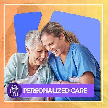 A caregiver and elderly woman share a joyful moment with personalized care.