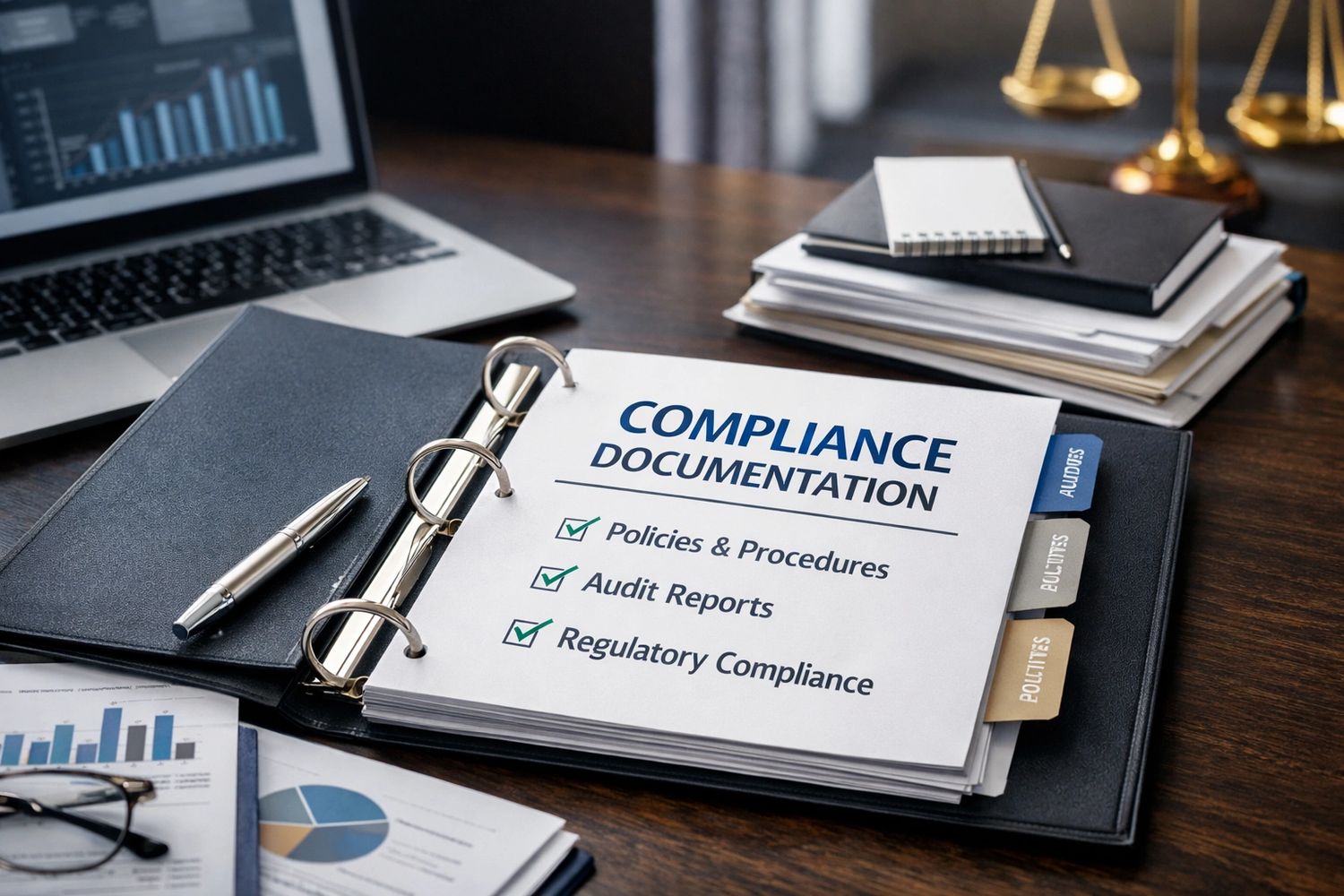 Open binder labeled Compliance Documentation with policies, reports, and regulatory compliance checkmarks.
