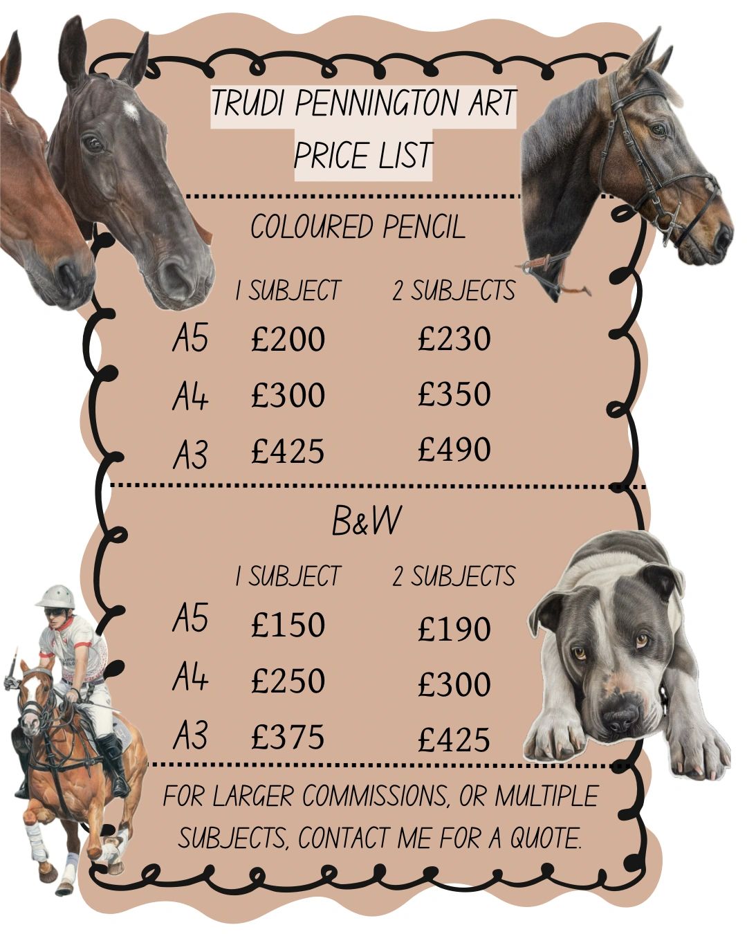 Art price list featuring horse and dog illustrations.