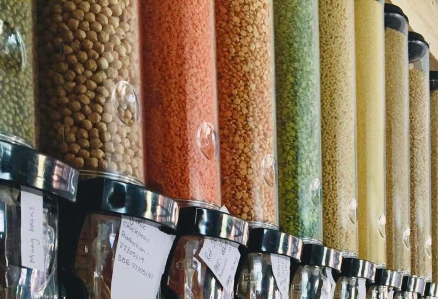 Refill dispensers full of grains, beans and pulses