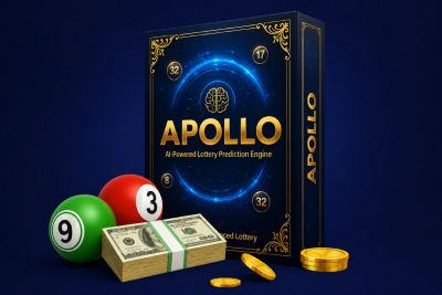 Apollo AI-powered lottery prediction engine with money and lottery balls.