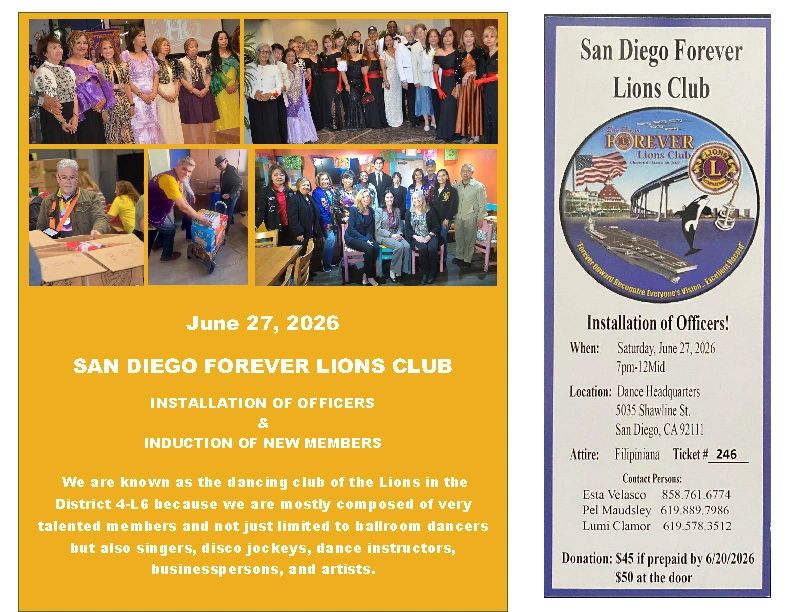 San Diego Forever Lions Club installation and induction event on June 27, 2026.