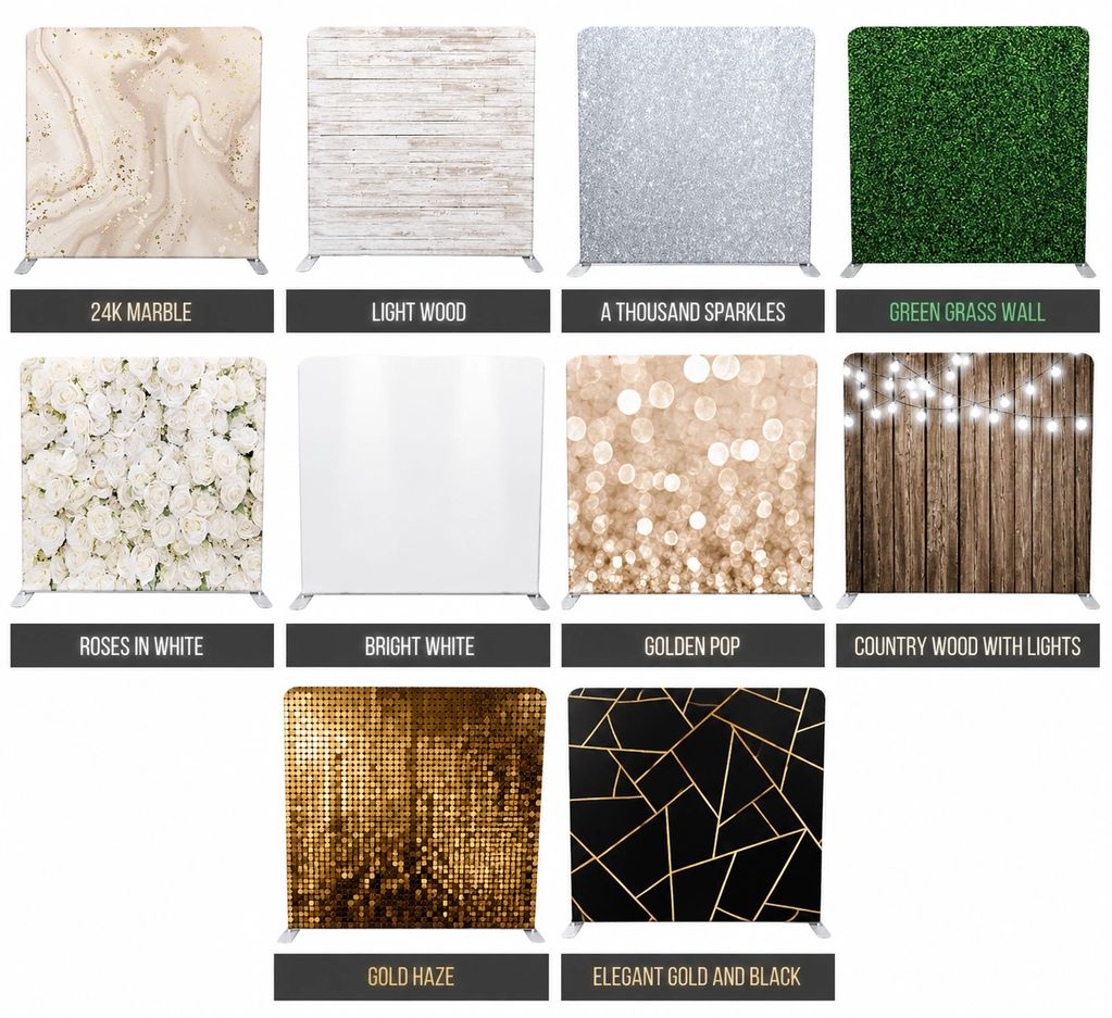 Various stylish backdrop designs for events, featuring textures from marble to wood and gold.