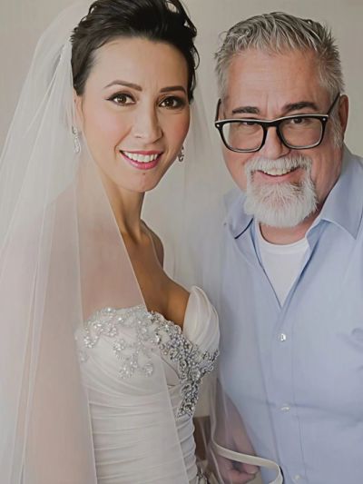 Bride and older man smiling together.