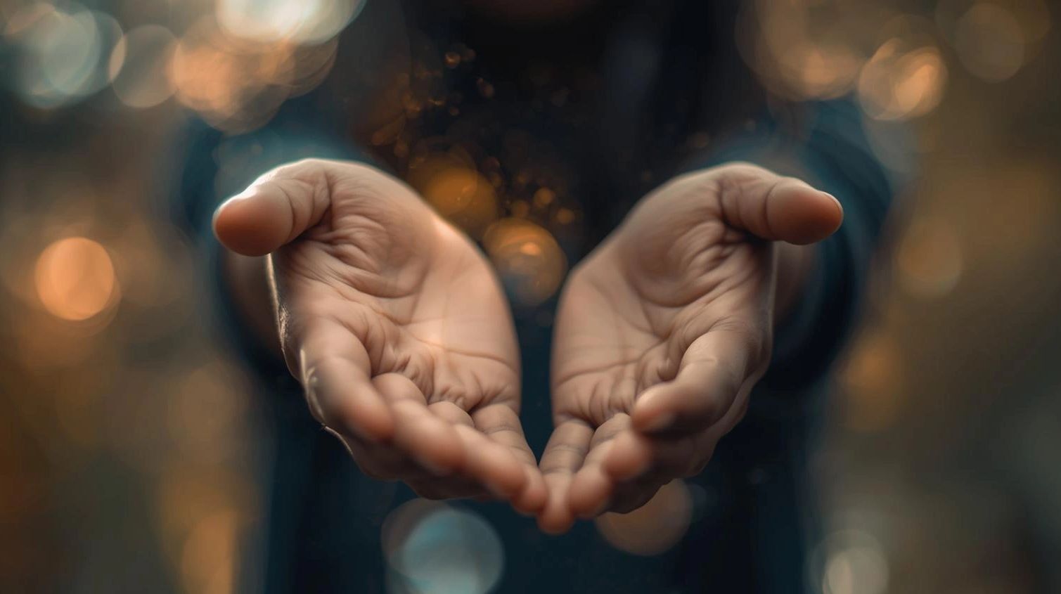 Outstretched hands with a warm, glowing bokeh background.