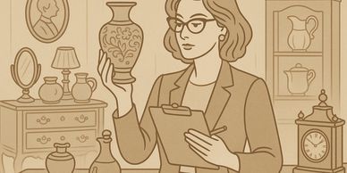 A woman appraises antiques in a room filled with vintage items.
