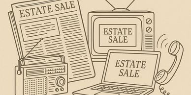 Vintage devices displaying 'Estate Sale' advertisements.