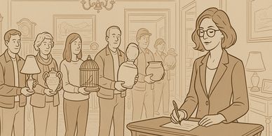People appraise antiques while a woman records notes at a desk.