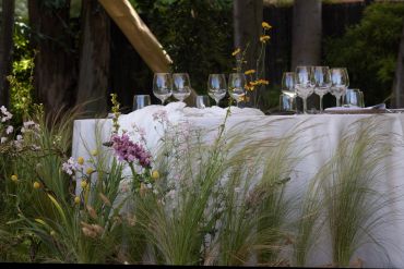 Mesa elegante con copas al aire libre entre plantas.