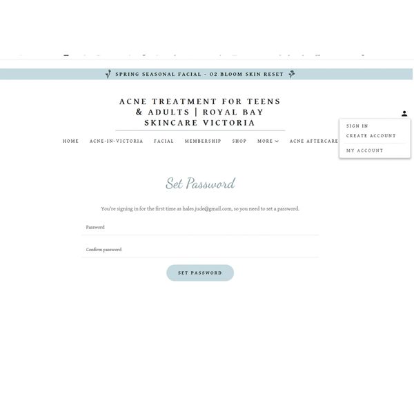 Password setup page for Royal Bay Skincare Victoria's acne treatment site.