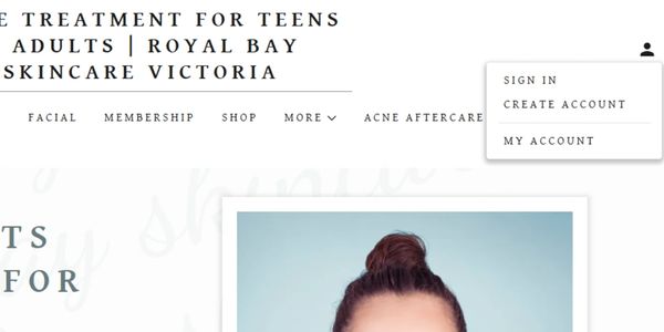 Website header for Royal Bay Skincare with account options.