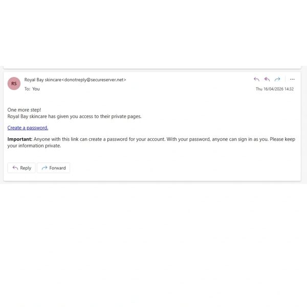 Email from Royal Bay skincare to set a password for private page access.