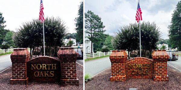 Brick Surfaces: this picture is showcasing a before and after photo of a brick surface being cleaned