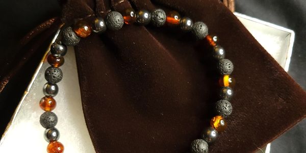 Men's Triple Protection Energy Healing Bracelet with Natural Baltic Amber, Hematite and Lava Stones.