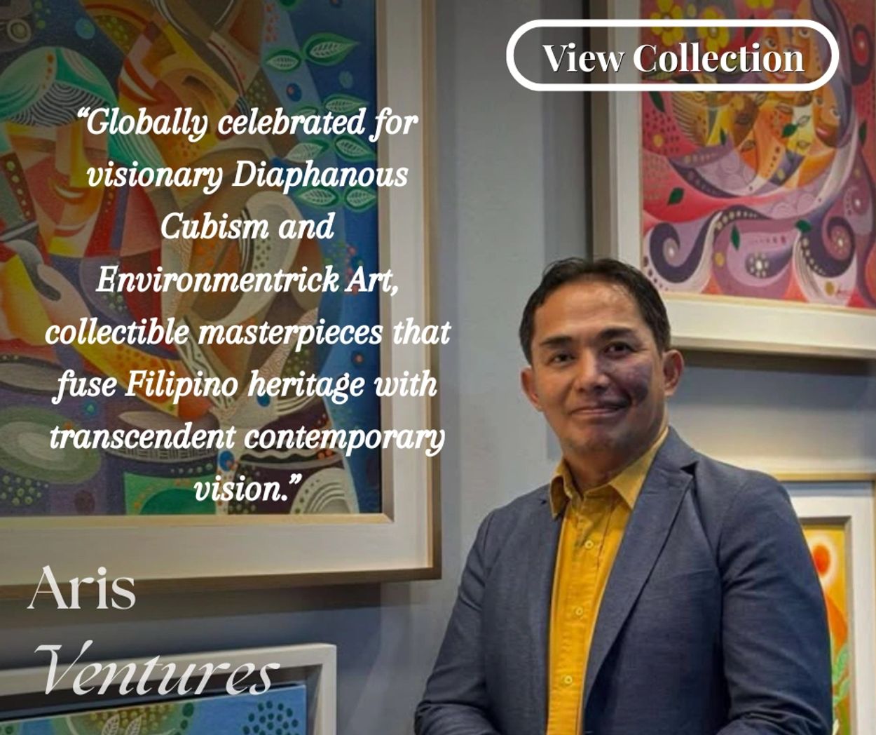 Artist Aris Ventures stands beside his vibrant Diaphanous Cubism artworks.