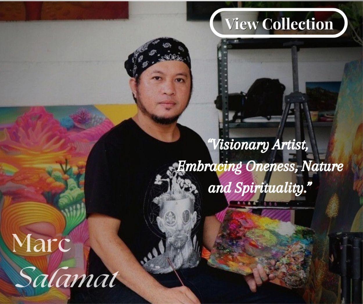 Portrait of artist Marc Salamat with colorful paintings in the background.