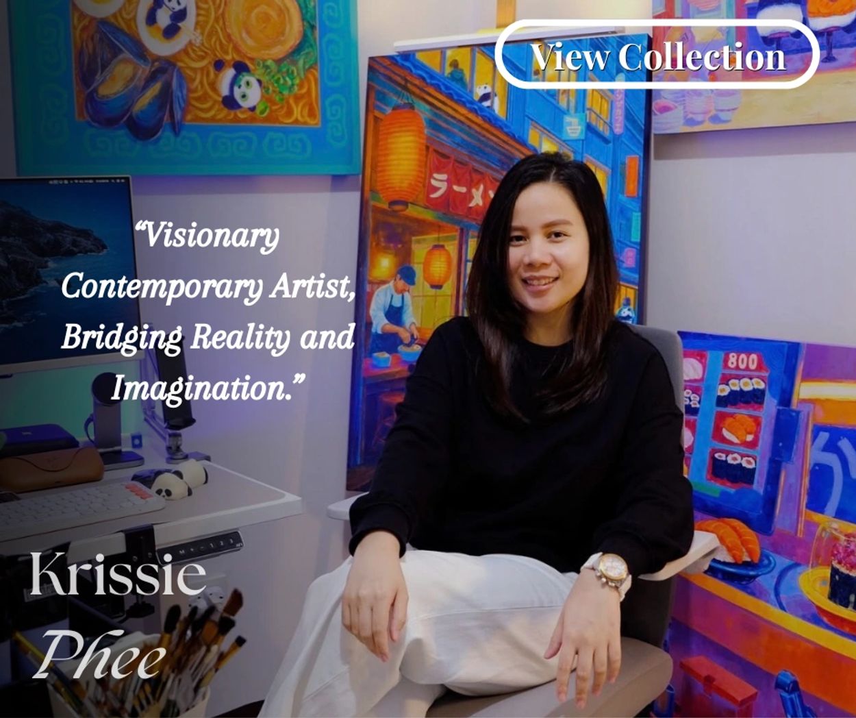 Artist Krissie Thee in her colorful studio surrounded by vibrant paintings.