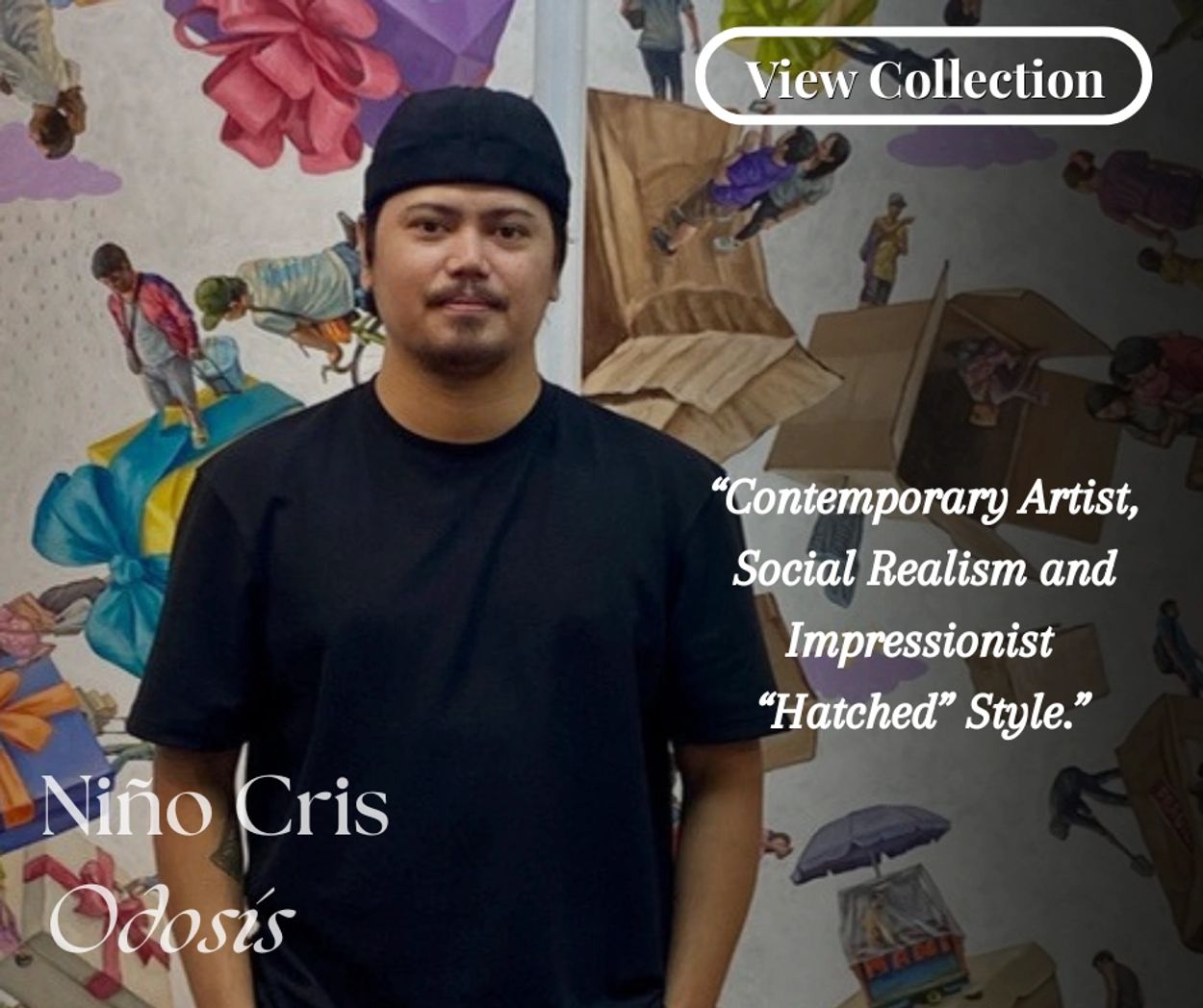 Contemporary artist Nino Cris stands before his vibrant social realism and impressionist paintings.