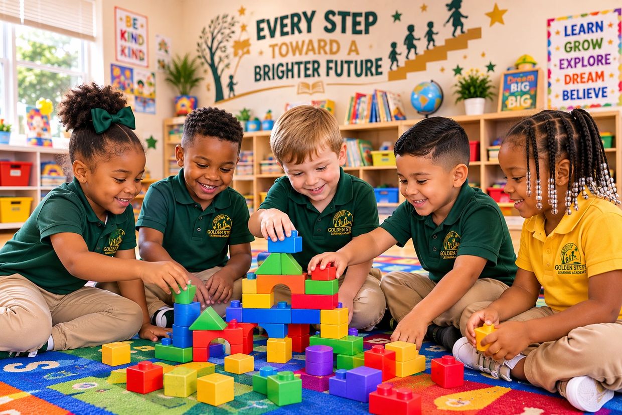 Children building with colorful blocks in a classroom.