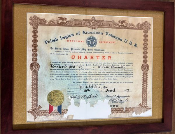 Charter certificate of the Polish Legion of American Veterans, U.S.A.