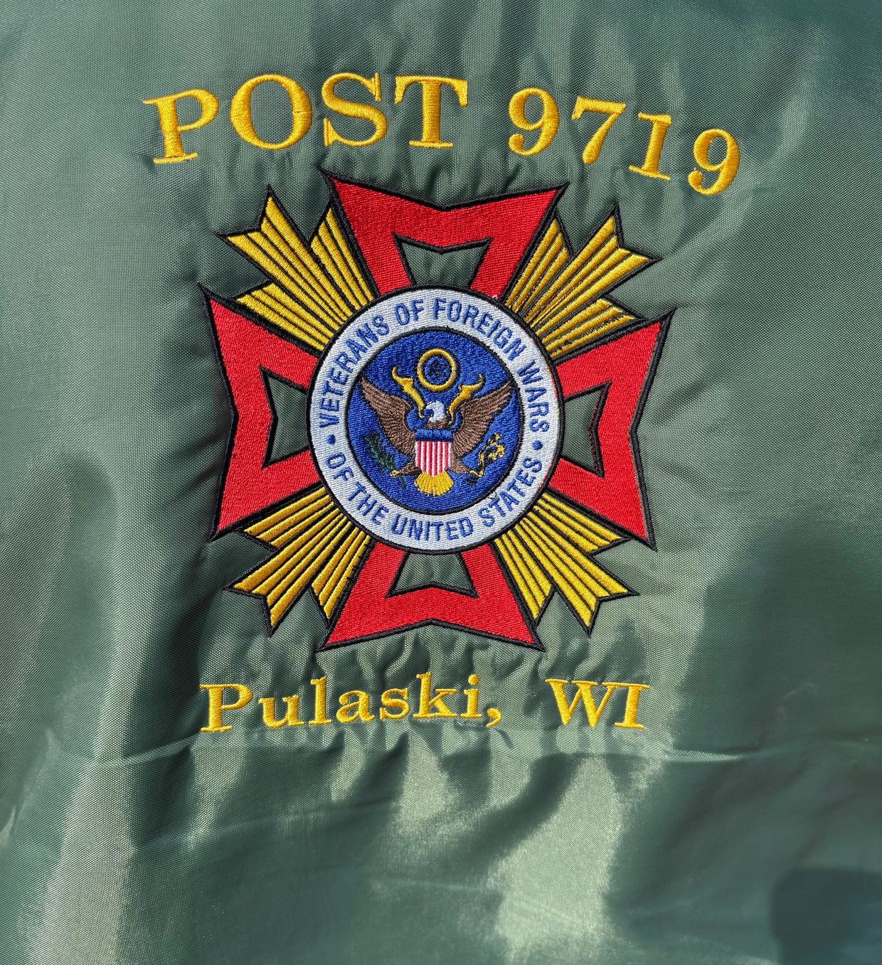 Embroidered emblem of Veterans of Foreign Wars Post 9719 from Pulaski, WI.