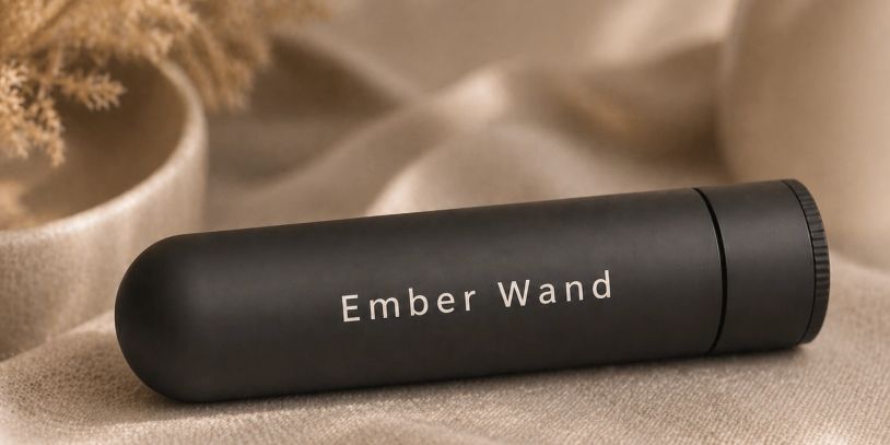 Sleek black Ember Wand on soft fabric background.