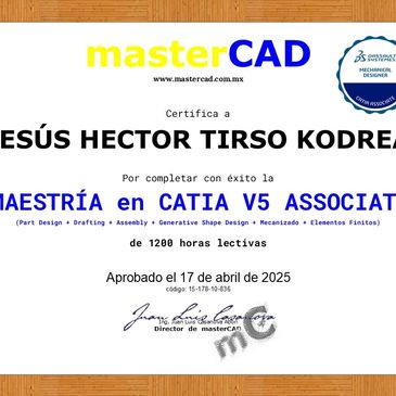 Certificado de Catia V5 Associate de masterCAD tras finalizar curso Catia online.
