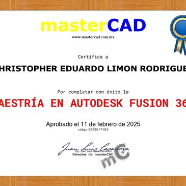 Certificado en Fusion 360 de Autodesk de alumno del curso online en Fusion de masterCAD