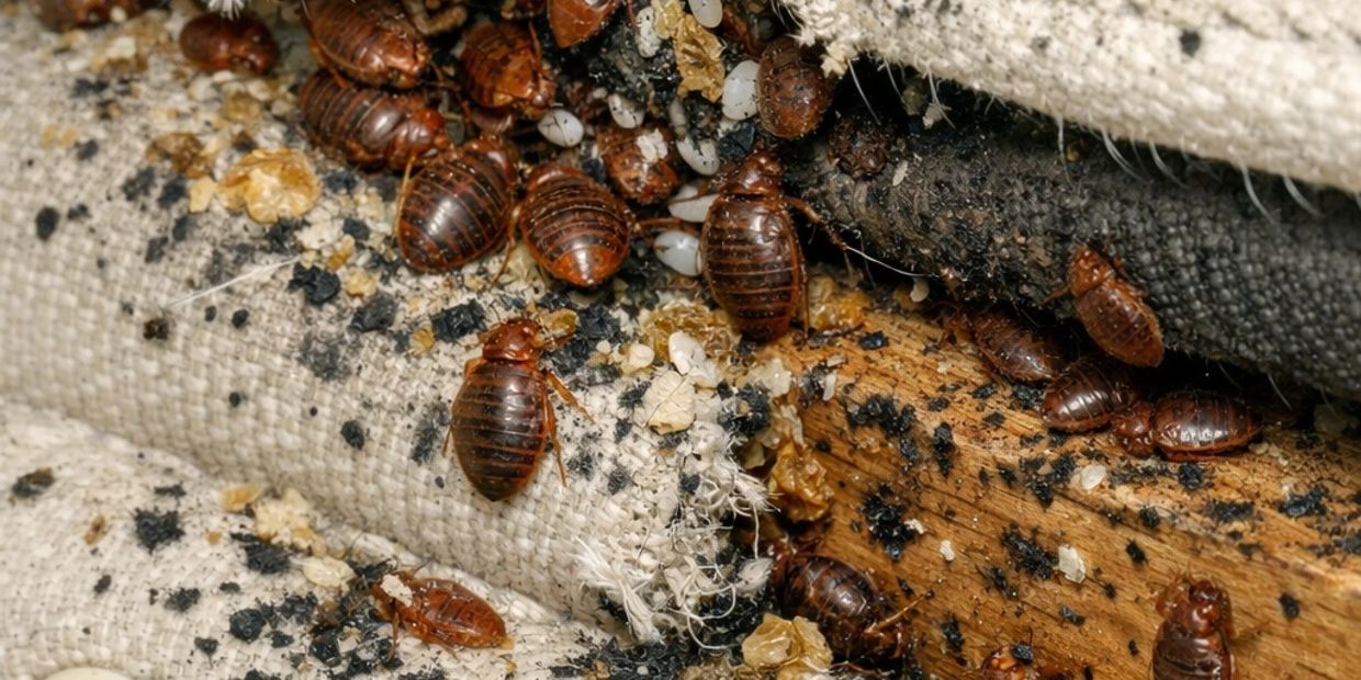 Close-up of bed bugs infesting fabric and wood with debris.
