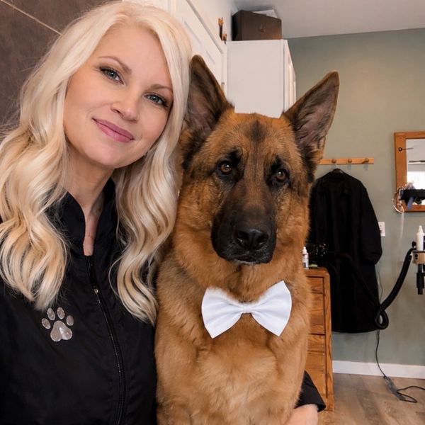 Woman and German Shepherd with a white bow tie.