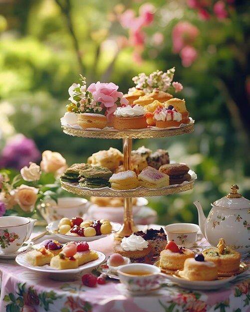 Elegant afternoon tea setup with assorted pastries and floral decor.