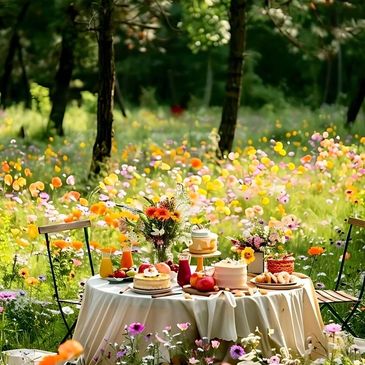 A charming outdoor table set in a vibrant flower garden with cakes and drinks.
