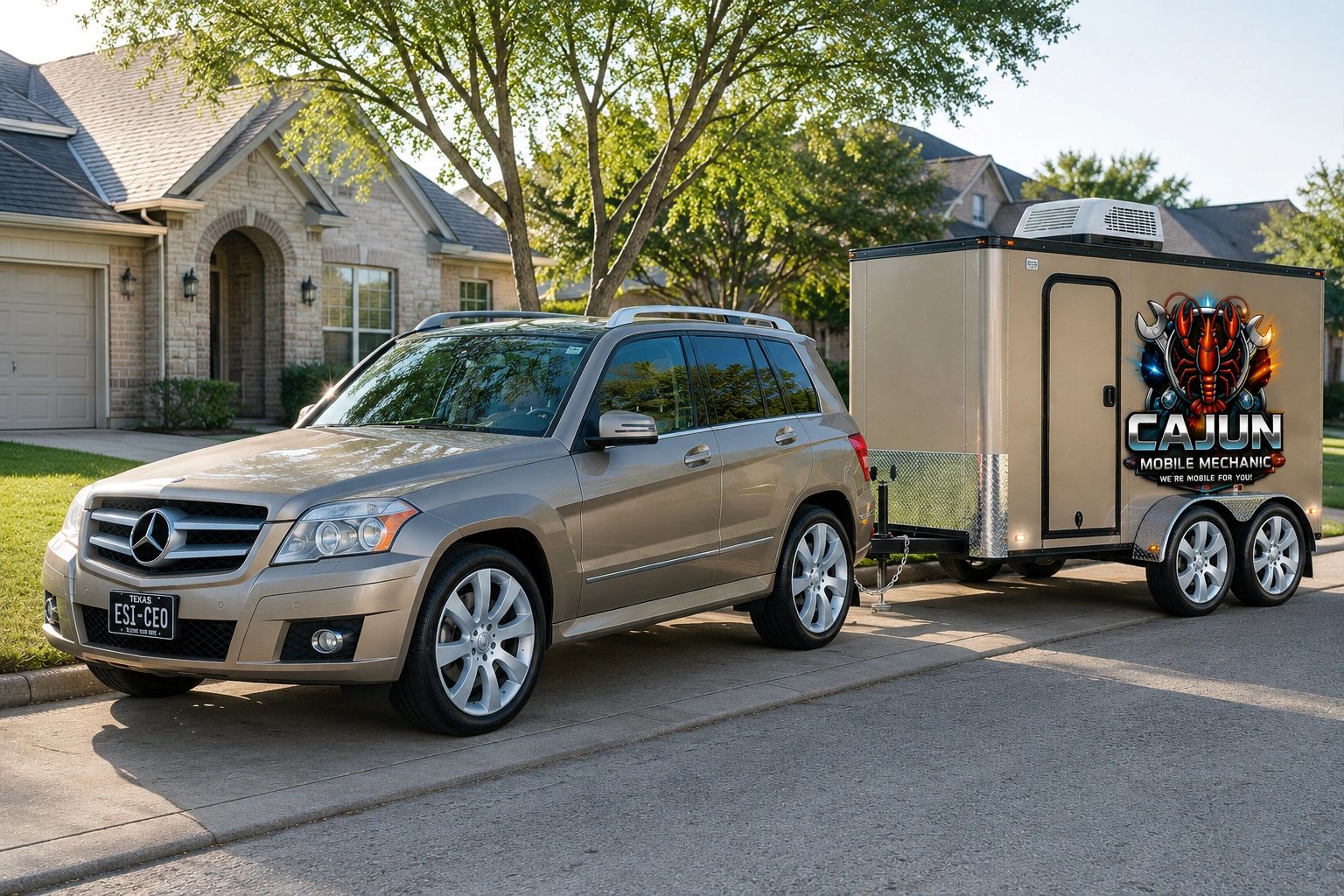 Mercedes towing Cajun Mobile Mechanic trailer.