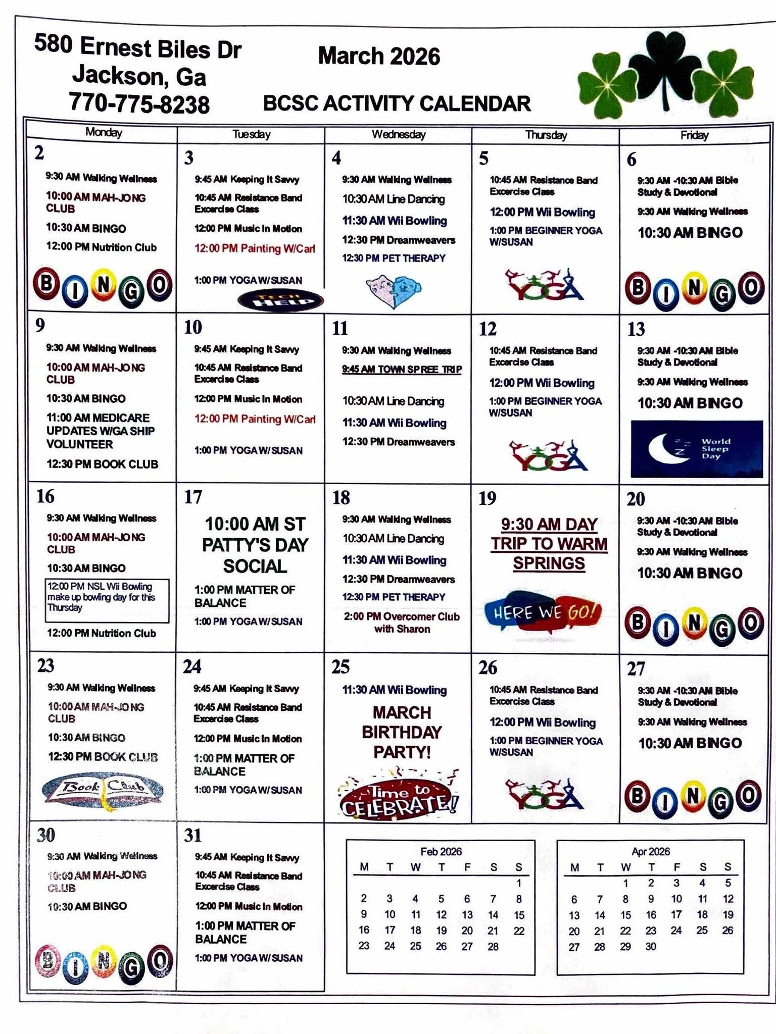 March 2026 BCSC activity calendar with wellness, bingo, yoga, and special events.