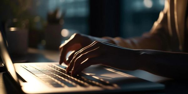 Hands typing on a laptop keyboard in dim light.
