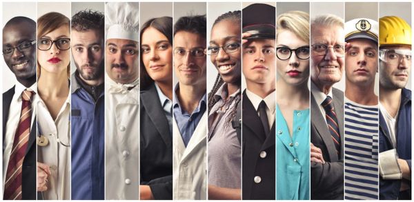 Diverse professionals showcasing various careers and industries in a vertical split image.